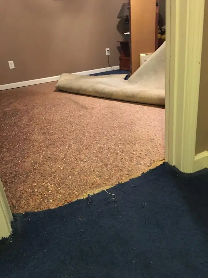 Carpet pad removal revealing water damage during Water Mitigation Services in Marlow Heights